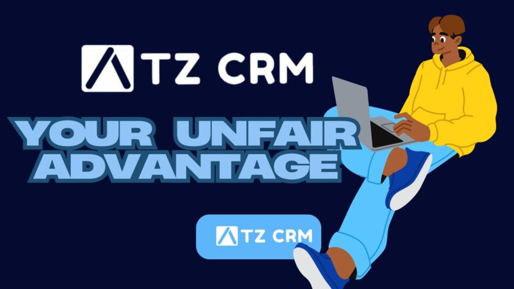 A guy sitting with laptop in hand the text besides him says ATZ CRM your unfair rAdvantage