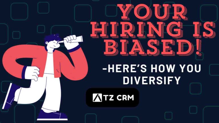 A person holding a binoculars and looking at the title that reads "Your Hiring is Biased" along with ATZ CRM logo in the centre