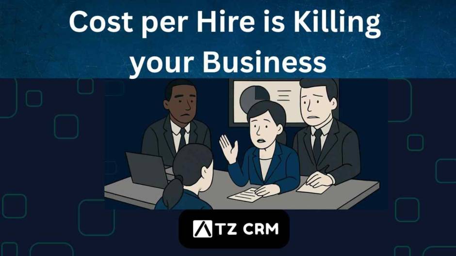 A CORPORATE MEETING WHERE PEOPLE LOOK TROUBLED ABOVE IT THE TEXT SAYS COST PER HIRE IS KILLING YOUR BUSINESS