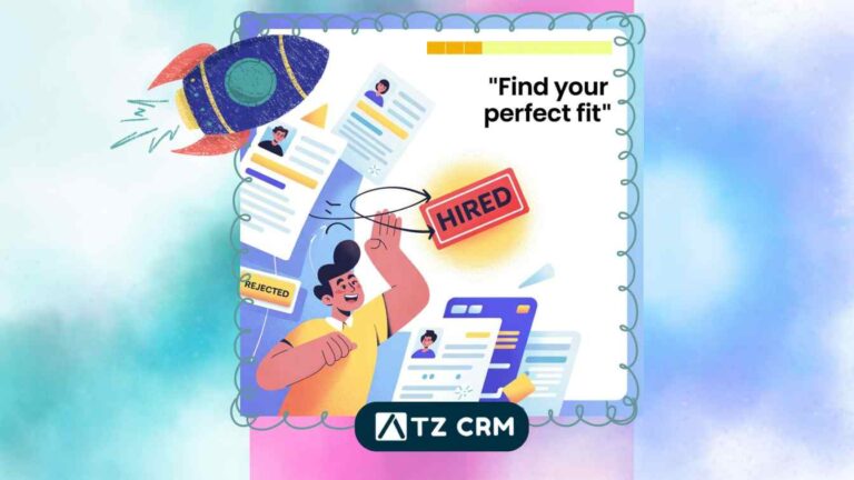 Animated man celebrating job selection with flying resumes and 'Hired' tag – ATZ CRM recruitment success illustration made for top talent