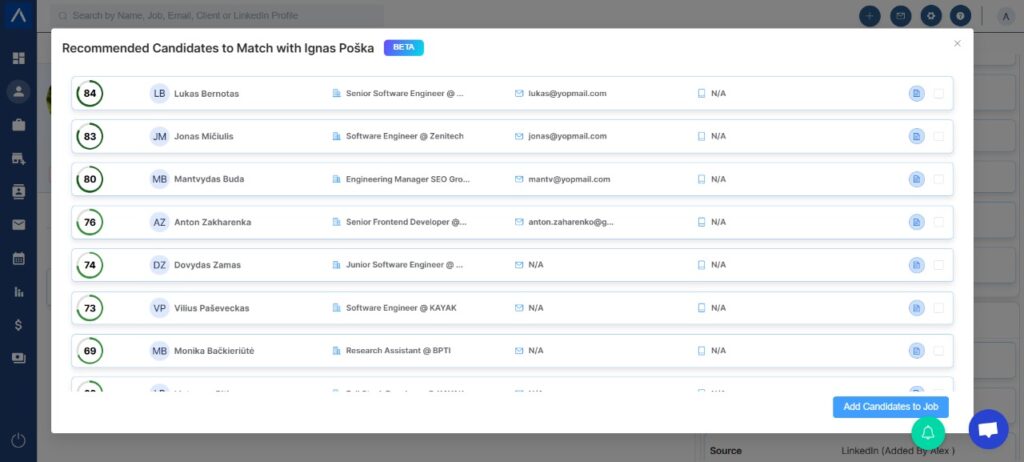 candidate matching for a candidate in ATZ CRM webapp