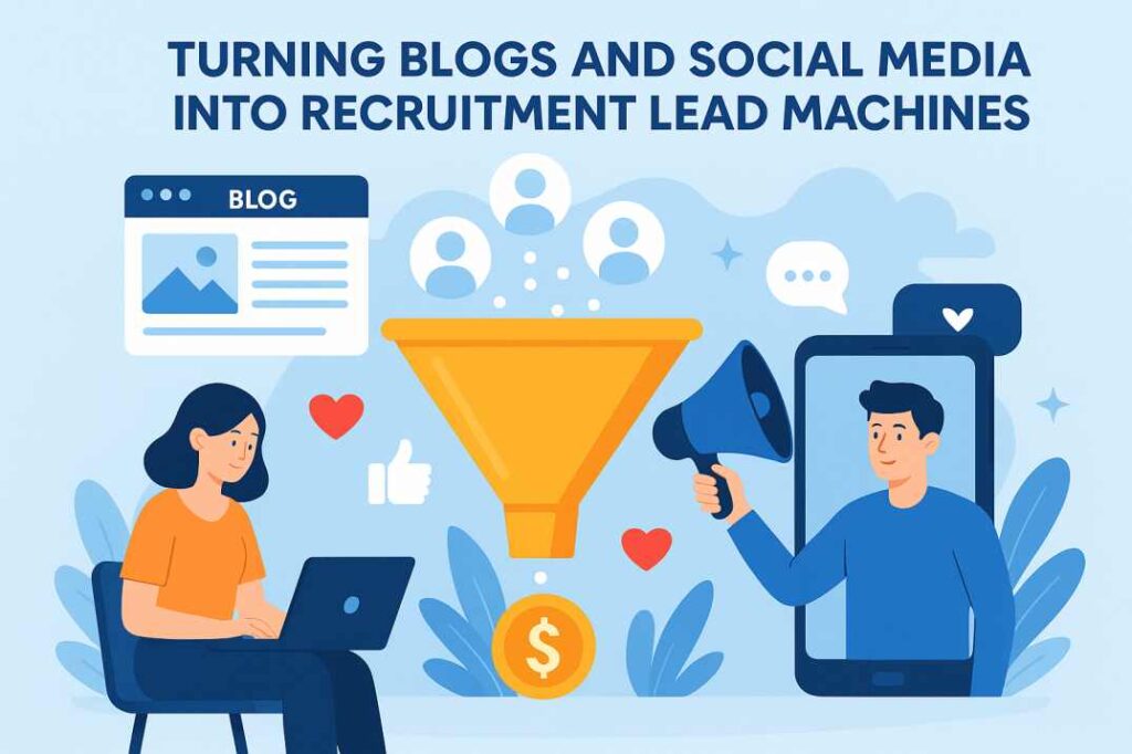 The image shows a machine powered by blog content and social media platforms, turning them into glowing recruitment leads. It creatively represents how digital strategies drive successful hiring outcomes.