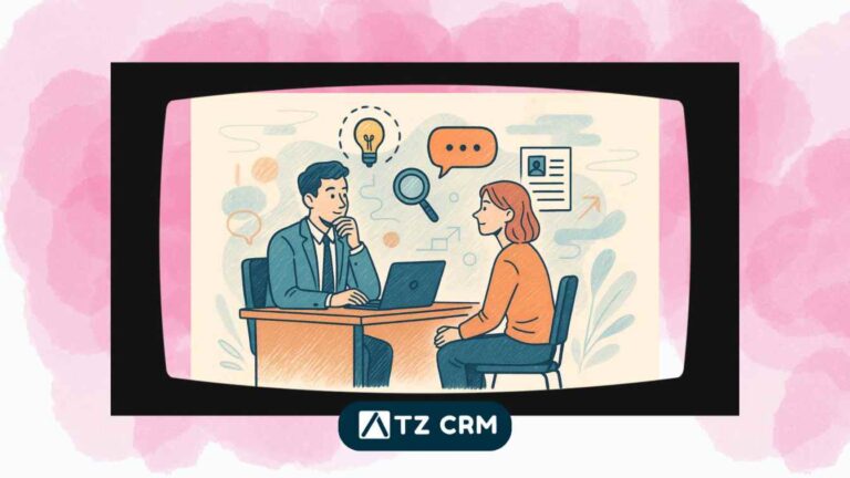 Cartoon-style interview scene with speech bubbles, lightbulb, and teamwork symbols