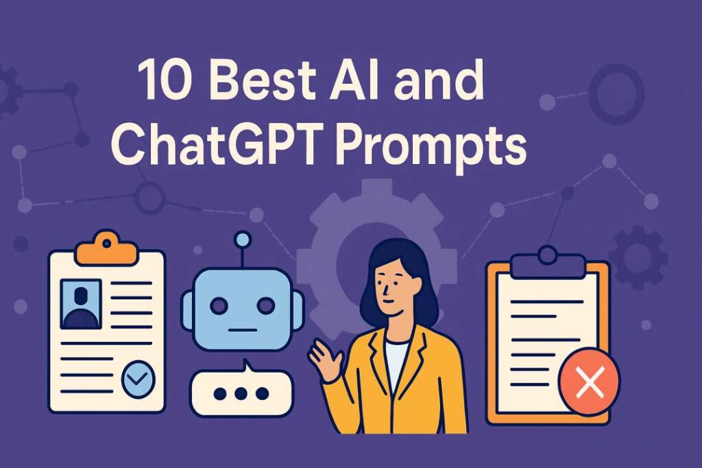 The illustration shows a recruiter-themed graphic with icons of a resume checklist, an AI chatbot, a professional figure, and a rejection letter, representing different uses of AI and ChatGPT prompts.