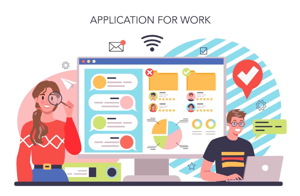Illustration of two recruiters analyzing job applications on a computer screen, with candidate profiles, charts, and communication icons.