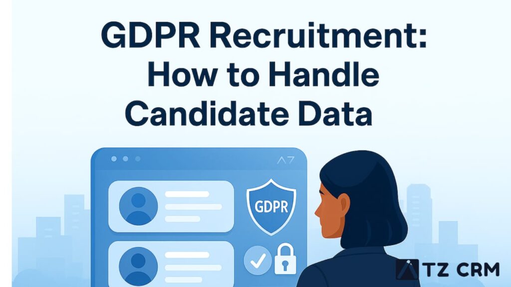 A professional digital illustration depicting a recruiter analyzing candidate profiles on a large virtual interface. The screen displays profile pictures, rating stars, and data icons, symbolizing secure data handling and GDPR compliance