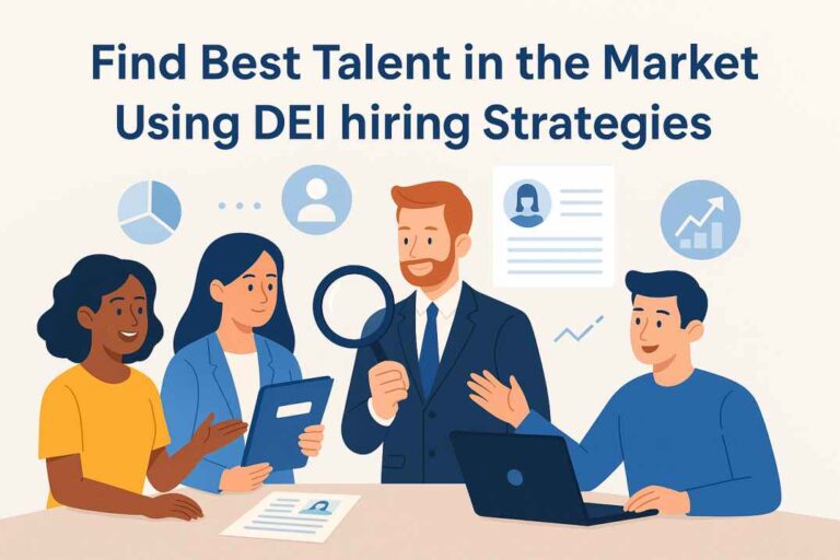 The individuals are brainstroming and discussing strategies to attract top talent using DEI hiring practices, with a man in the suit leading the discussion and searching for innovative approaches.