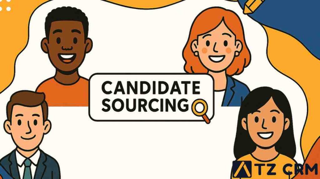 Illustration of diverse cartoon characters around a bold “Candidate Sourcing” title with a magnifying glass icon, representing recruitment and talent search.