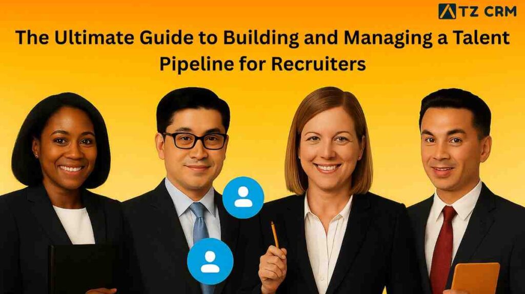 Cover image for “The Ultimate Guide to Building and Managing a Talent Pipeline for Recruiters” showing four professionals against a yellow background with ATZ CRM branding.