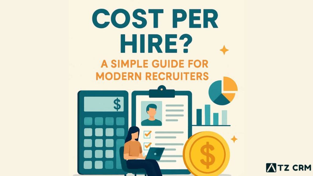 Illustration of a recruiter calculating cost per hire with charts, money symbols, and documents, representing a simple guide for modern recruiters.